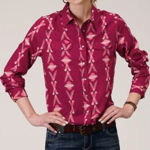 Roper Women's Pink and Grey Aztec Snap Shirt Weekend Comfort Wear