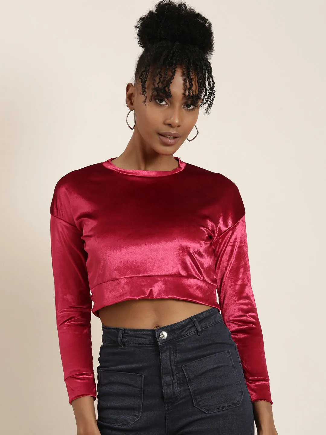 Women's Red Round Neck Regular Sleeves Solid Blouson Crop Top Chic Fit