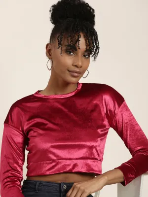 Women's Red Round Neck Regular Sleeves Solid Blouson Crop Top Lightweight Style