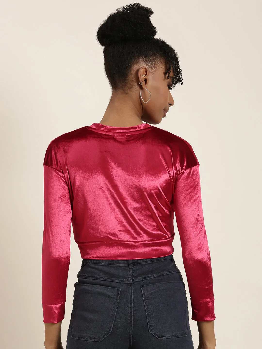Chic Comfort Style Women's Red Round Neck Regular Sleeves Solid Blouson Crop Top
