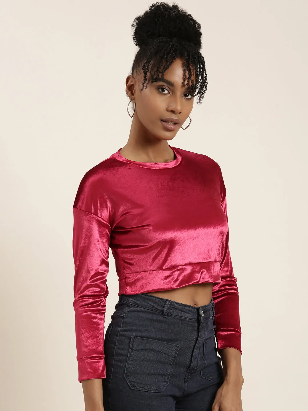 Layered Look Women's Red Round Neck Regular Sleeves Solid Blouson Crop Top