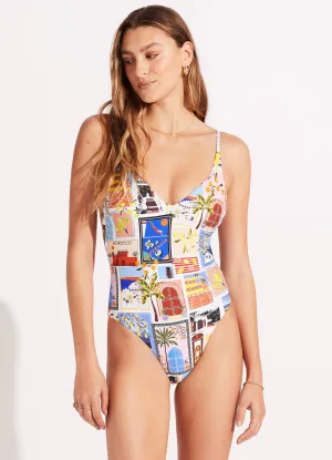 On Vacation V Neck One Piece - Azure Water-resistant Tagless Comfort