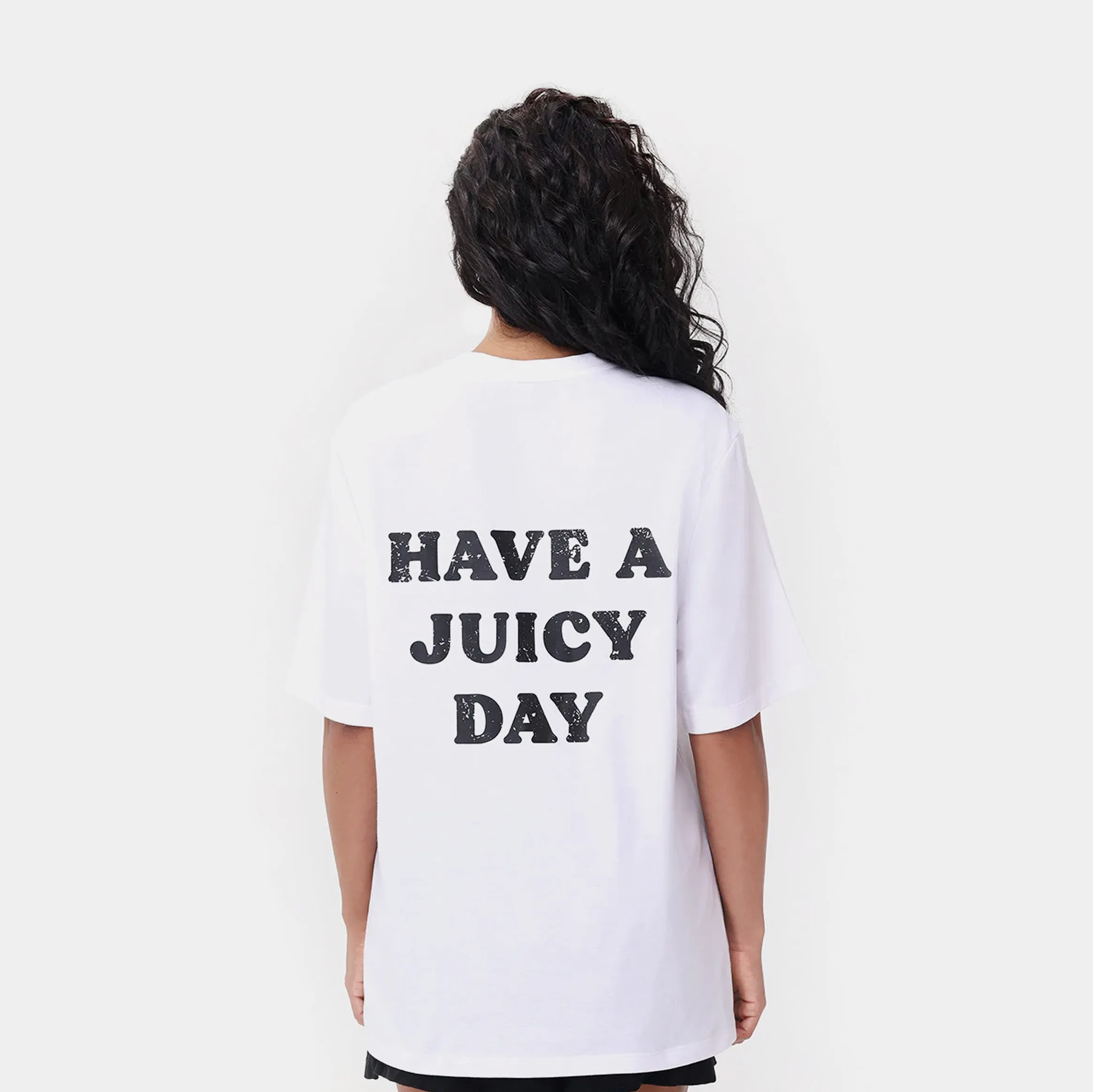 Art Glow Oversized Have A Juicy Day Graphic Womens Short Sleeve Shirt (White/Black)