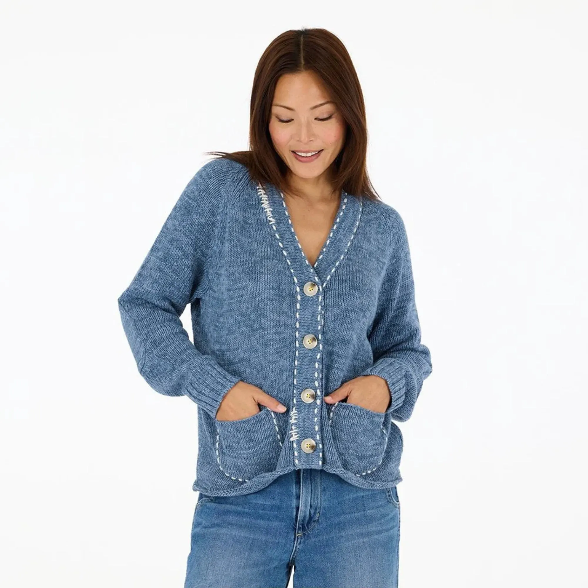 Seasonless Style Short Poppy Smiley Cardigan (Indigo Blue)
