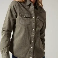 Kimes Ranch Women's OD Army Kaycee Denim Button Down Long Sleeve Comfort Fit Minimalist Apparel