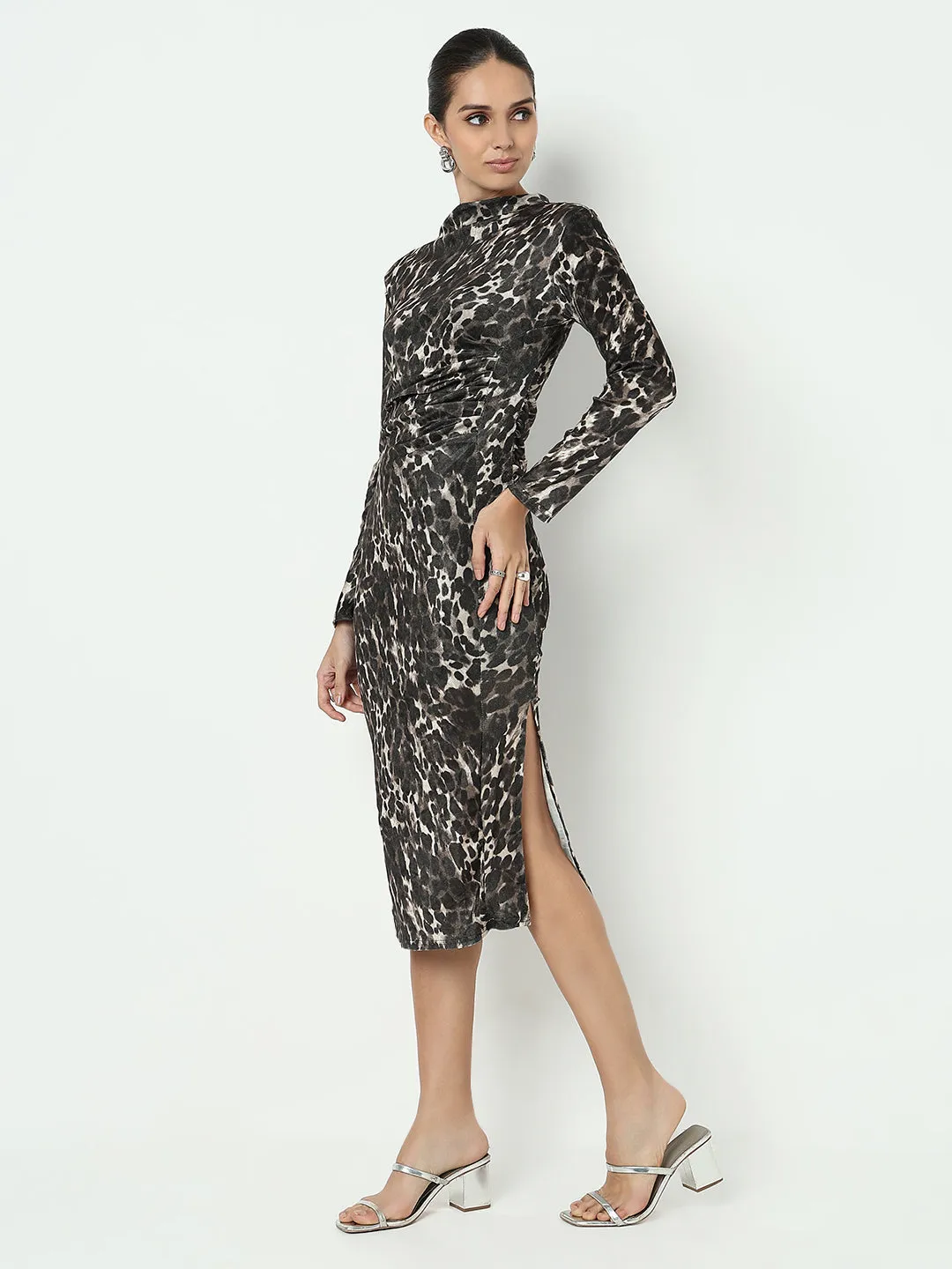 Women's Animal Print Olive Bodycon Dress with Side Slit Poised Vibe Refined Presence