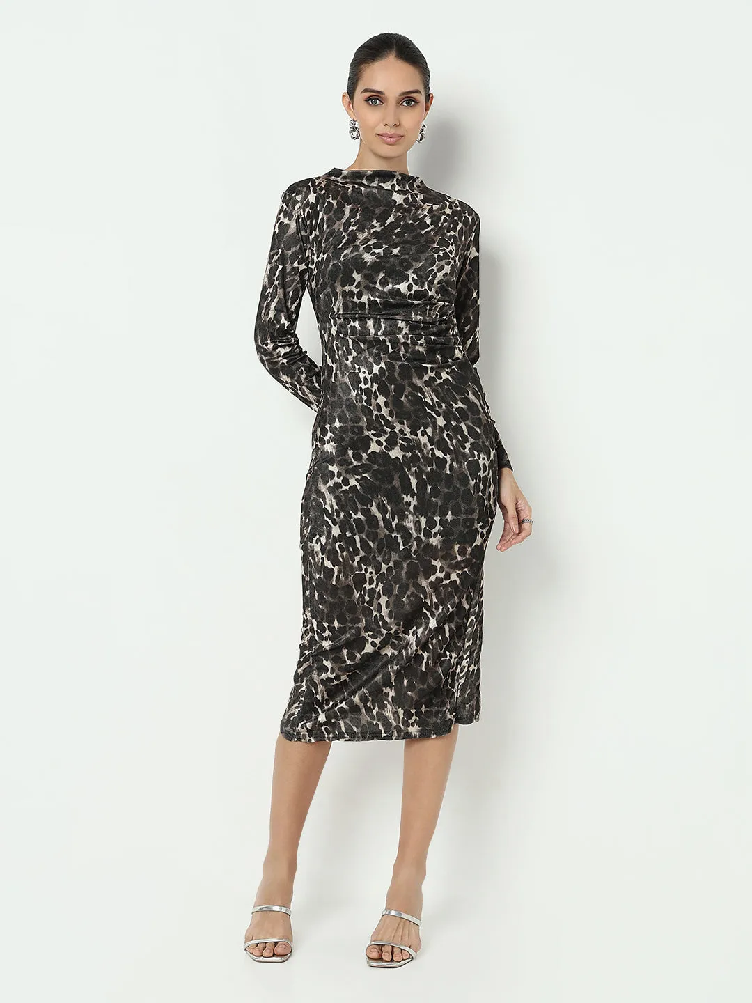 Women's Animal Print Olive Bodycon Dress with Side Slit Cool Shape Air Touch