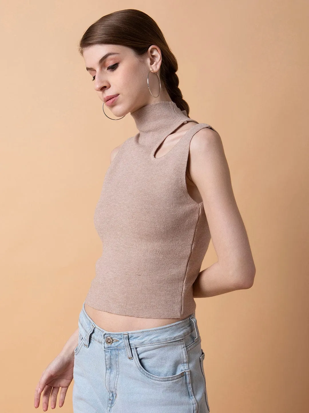 Chilly Layer Women's Beige Solid High Neck Acrylic Top