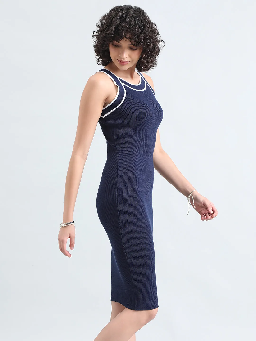 Bow Glow Clean Fit Women's Knit Navy Blue Sleeveless Bodycon Dress with Contrast White Detail