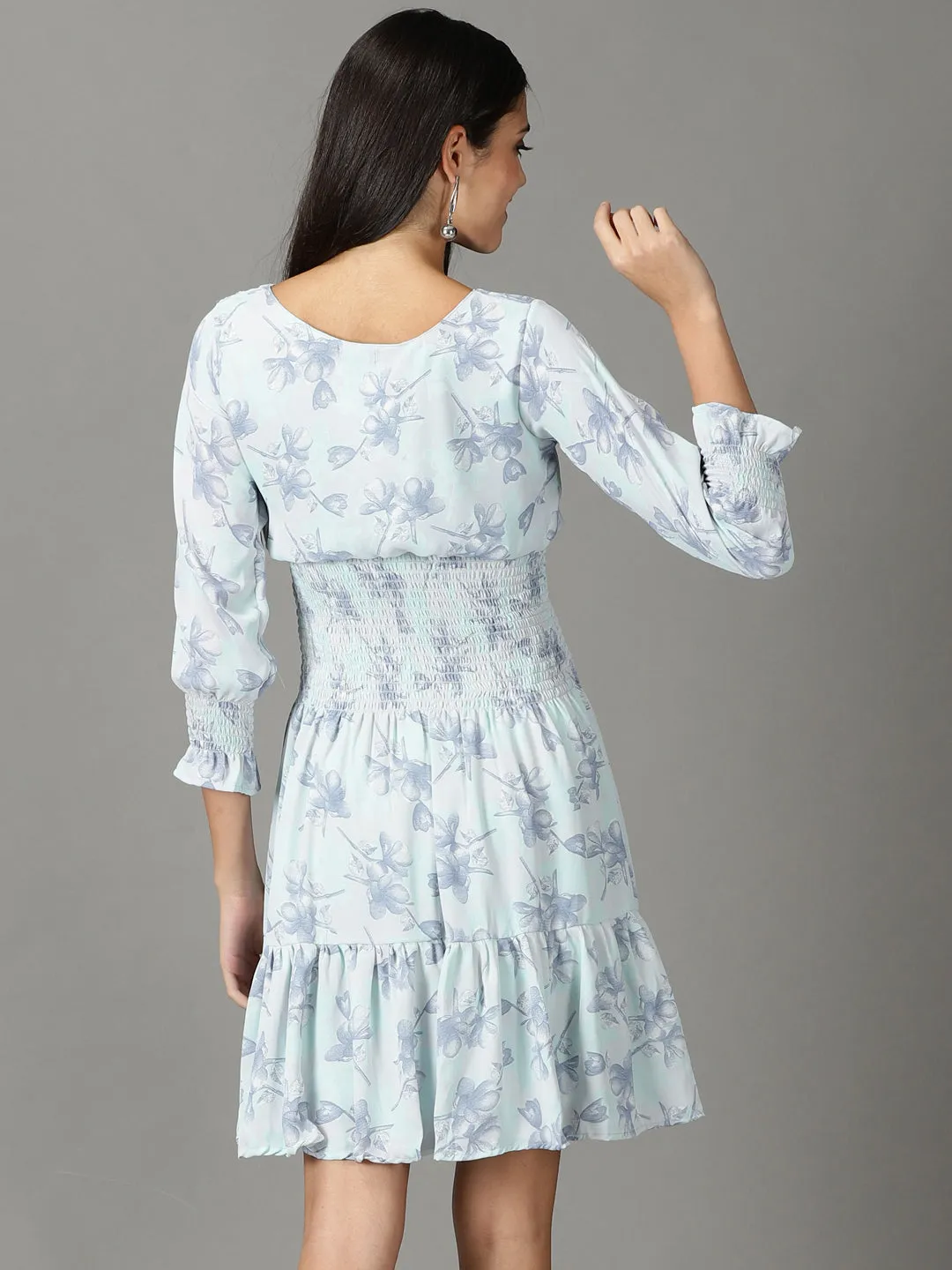 Women's Sea Green Floral Printed Dress Ombre-Effect Breathable Style