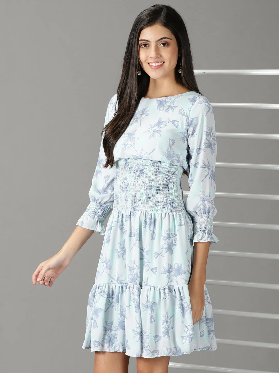 Women's Sea Green Floral Printed Dress Seasonal Fit