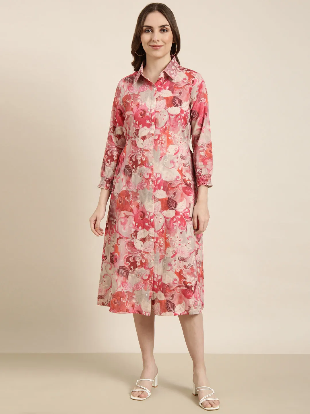 Comfortable and Flattering Women's Pink Floral Print Cotton A-Line Dress