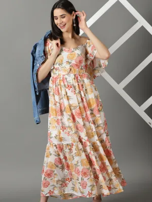 New Spirit Casual-Look Women's White Off Shoulder Floral Printed Smocked Tiered Chiffon Maxi Dress