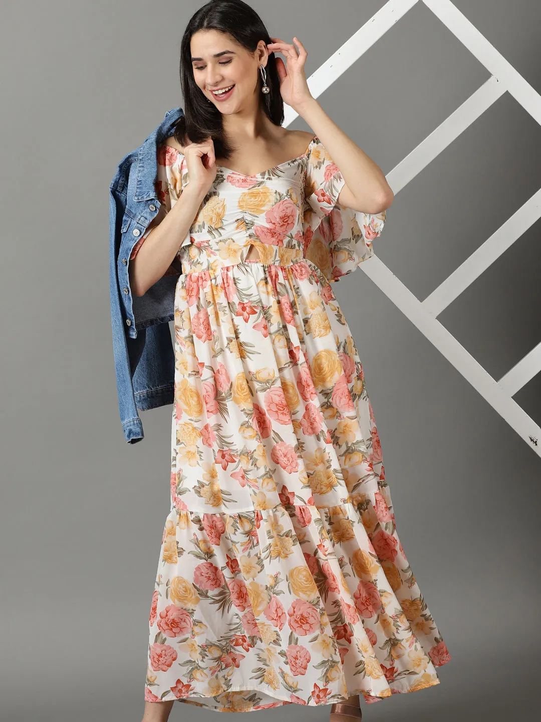 Soft Drape Women's White Off Shoulder Floral Printed Smocked Tiered Chiffon Maxi Dress