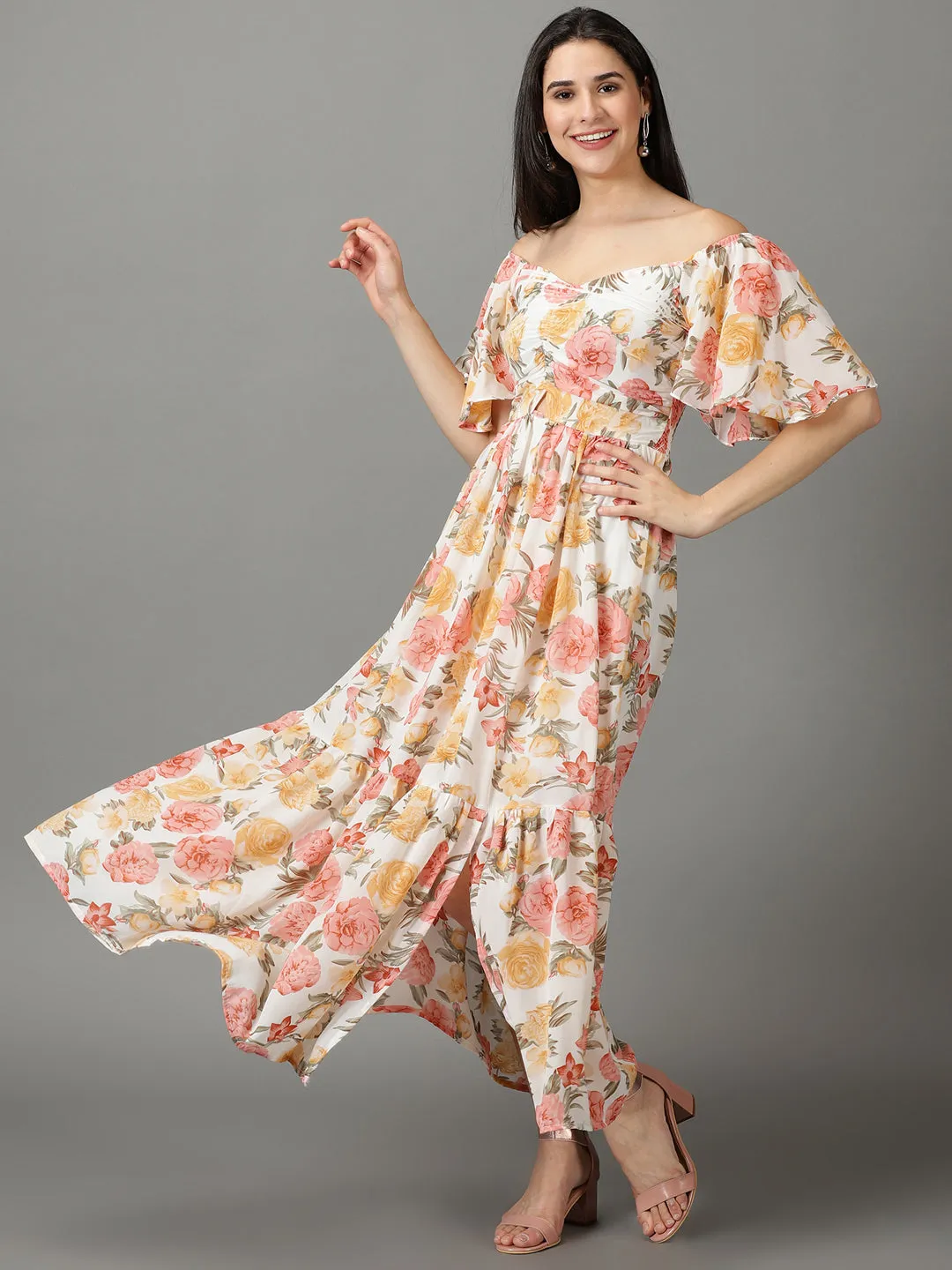 Women's White Off Shoulder Floral Printed Smocked Tiered Chiffon Maxi Dress Luxe Fabric Ruffle-Detail