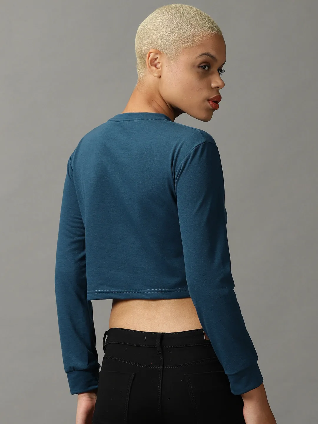 Women's Teal Round Neck Cropped Top Light Casual Fade Resistant Coating