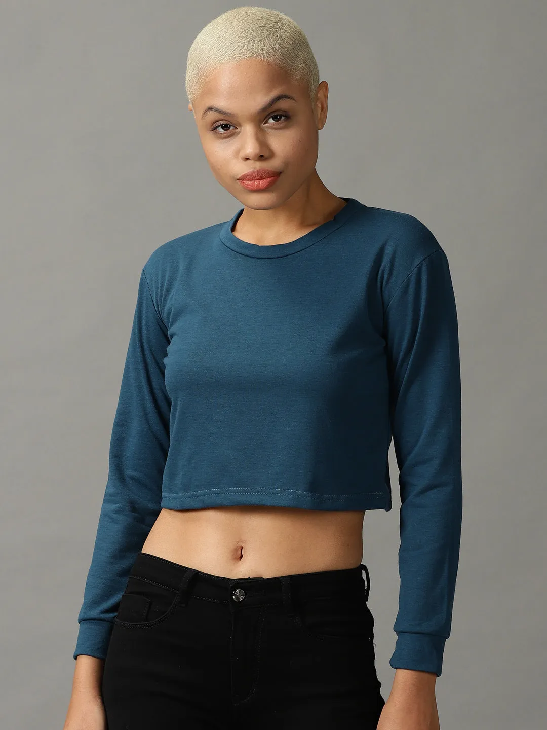 Women's Teal Round Neck Cropped Top Easy Fit Wear OdorResistantTechnology