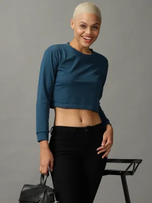 Women's Teal Round Neck Cropped Top Layerable Look