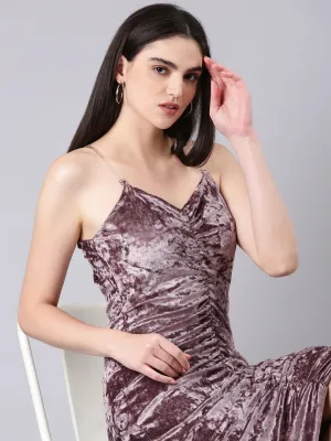 Women's Mauve Shoulder Straps Velvet Bodycon Knee Length Dress Easy-to-style casual dress