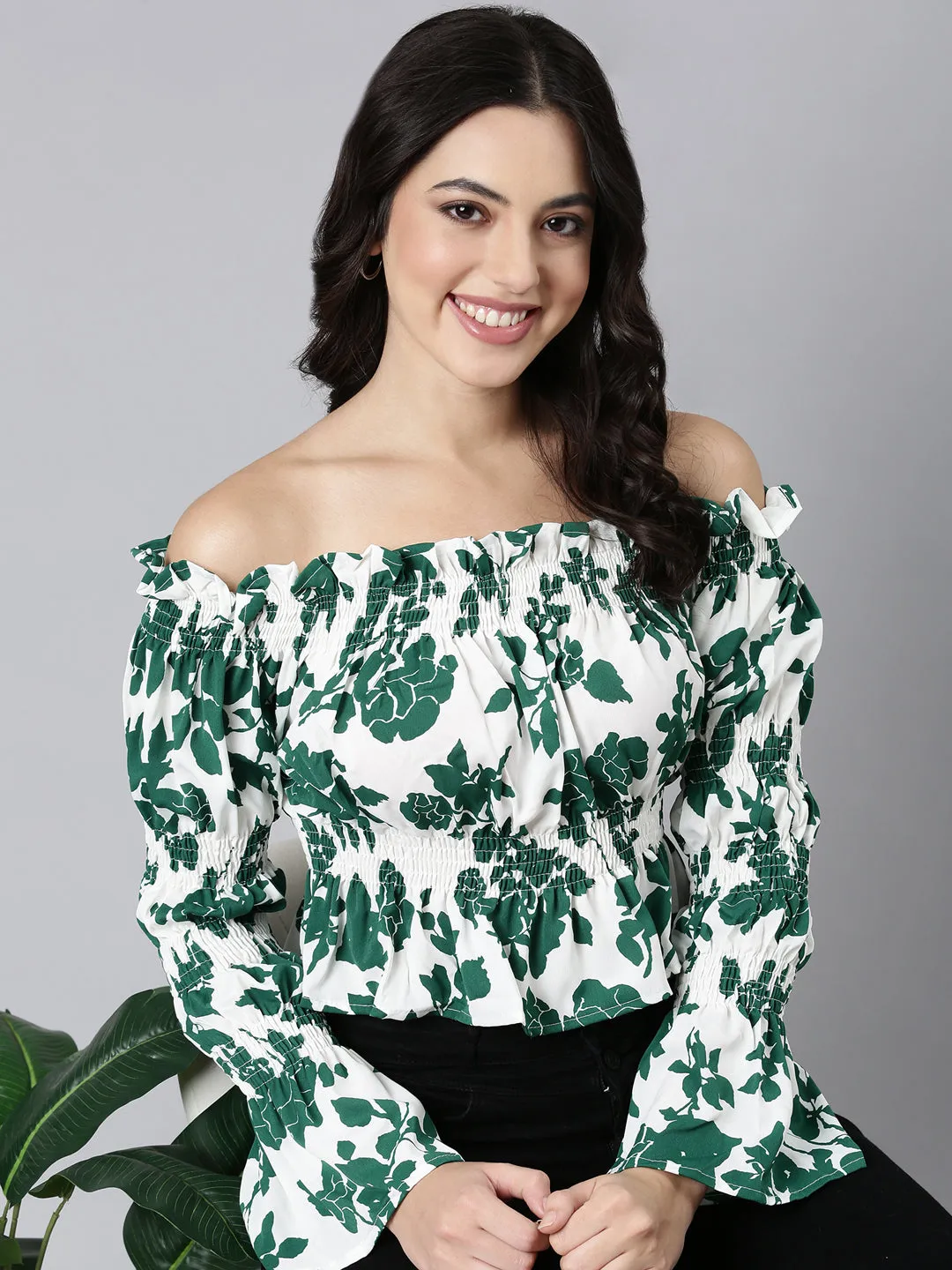 Women's Green Floral Printed Off-Shoulder Bell Sleeve Smocked Crepe Bardot Crop Top Tailored Fit Elegant Coat