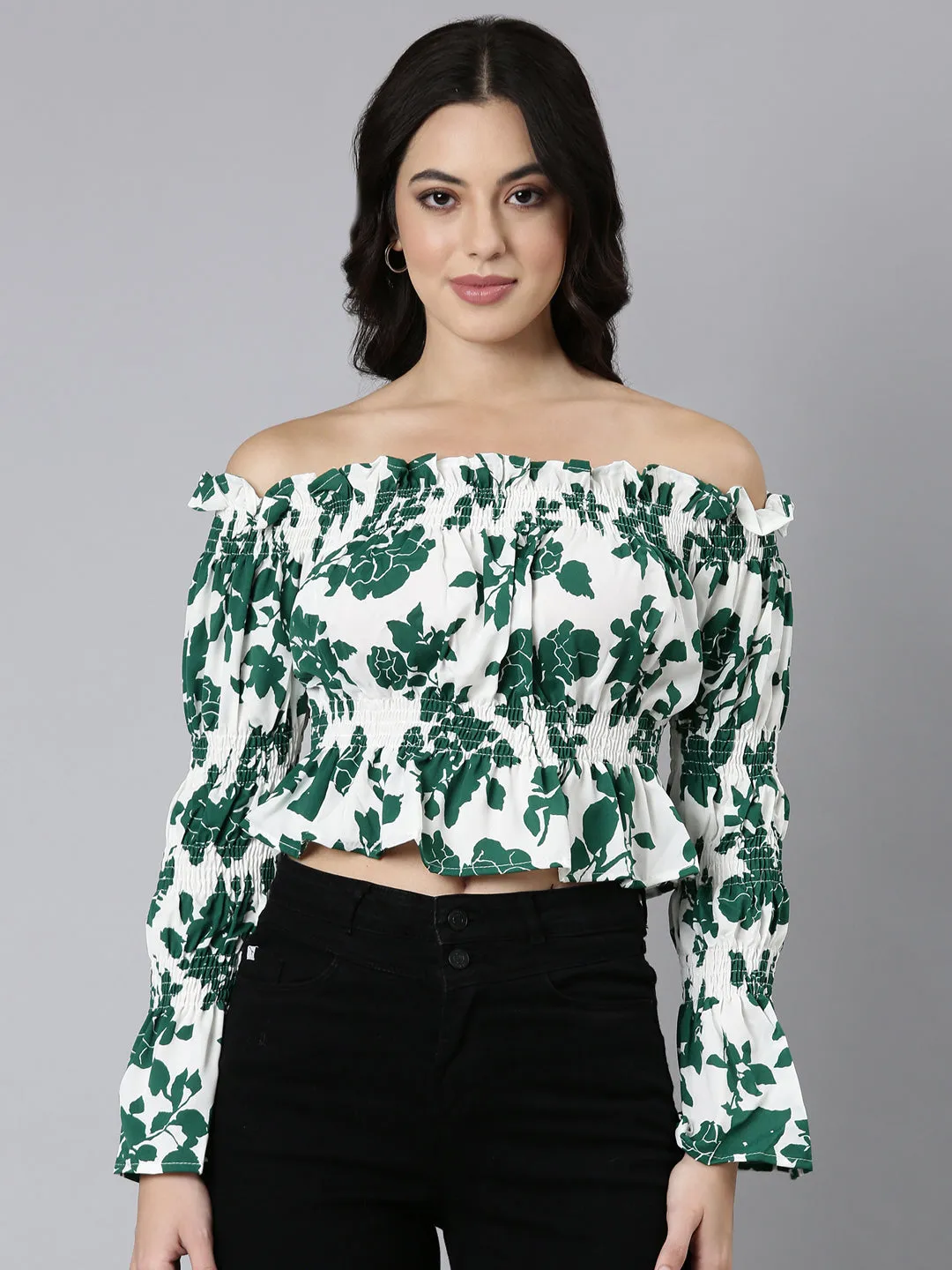Women's Green Floral Printed Off-Shoulder Bell Sleeve Smocked Crepe Bardot Crop Top FadeResistant