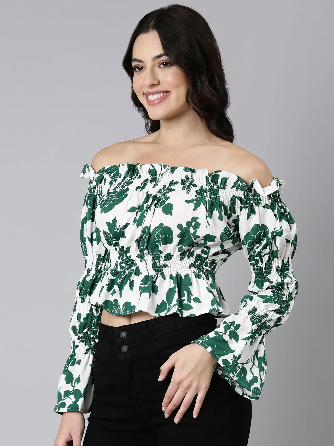 Modern Style Trend Women's Green Floral Printed Off-Shoulder Bell Sleeve Smocked Crepe Bardot Crop Top