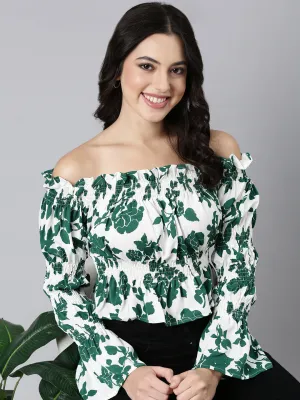 Women's Green Floral Printed Off-Shoulder Bell Sleeve Smocked Crepe Bardot Crop Top Sweat Absorbent Anti Perspiration Lining