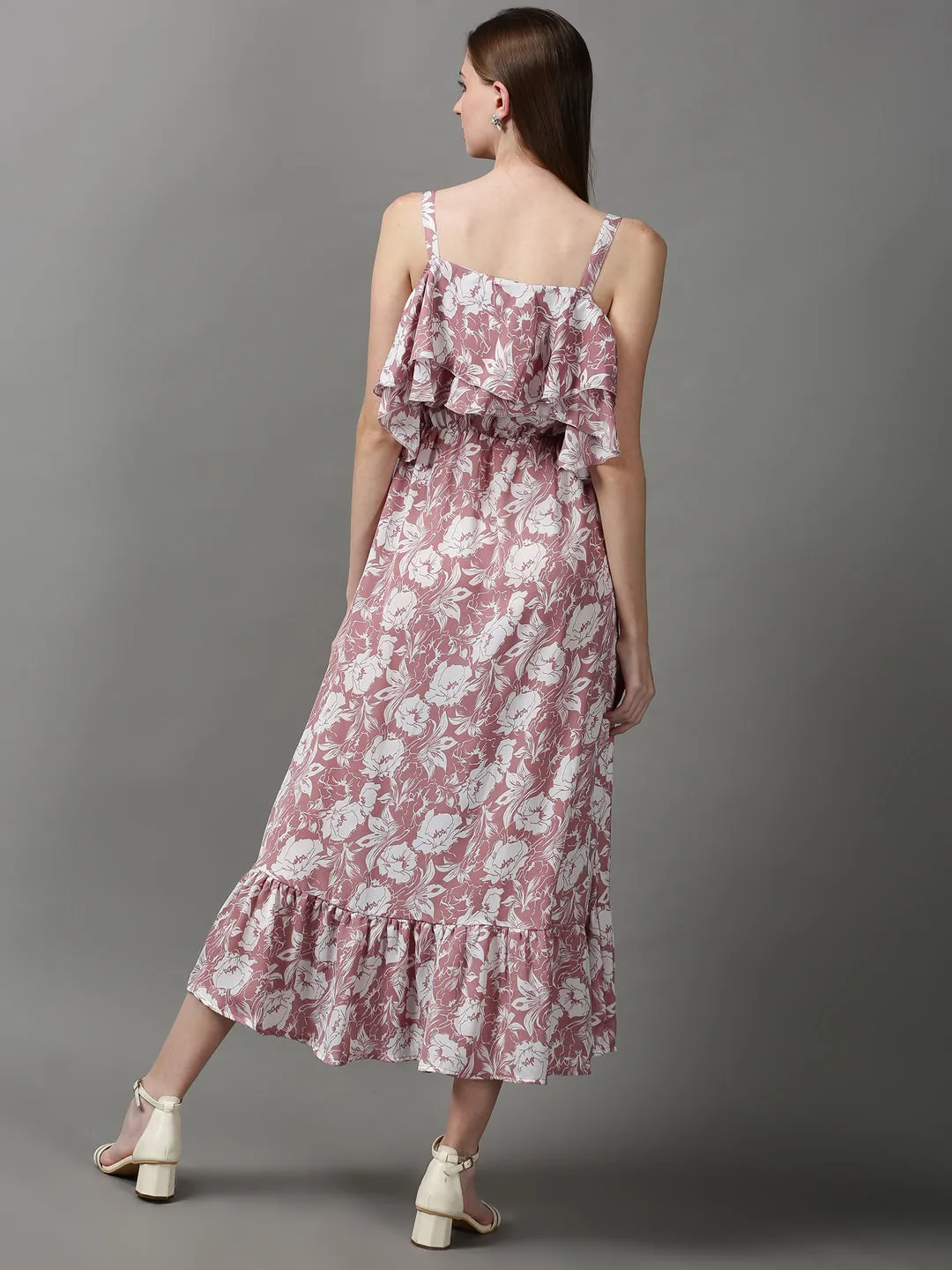 Women's Mauve Shoulder Straps Floral Printed Crepe Maxi Dress Comfy and Relaxed