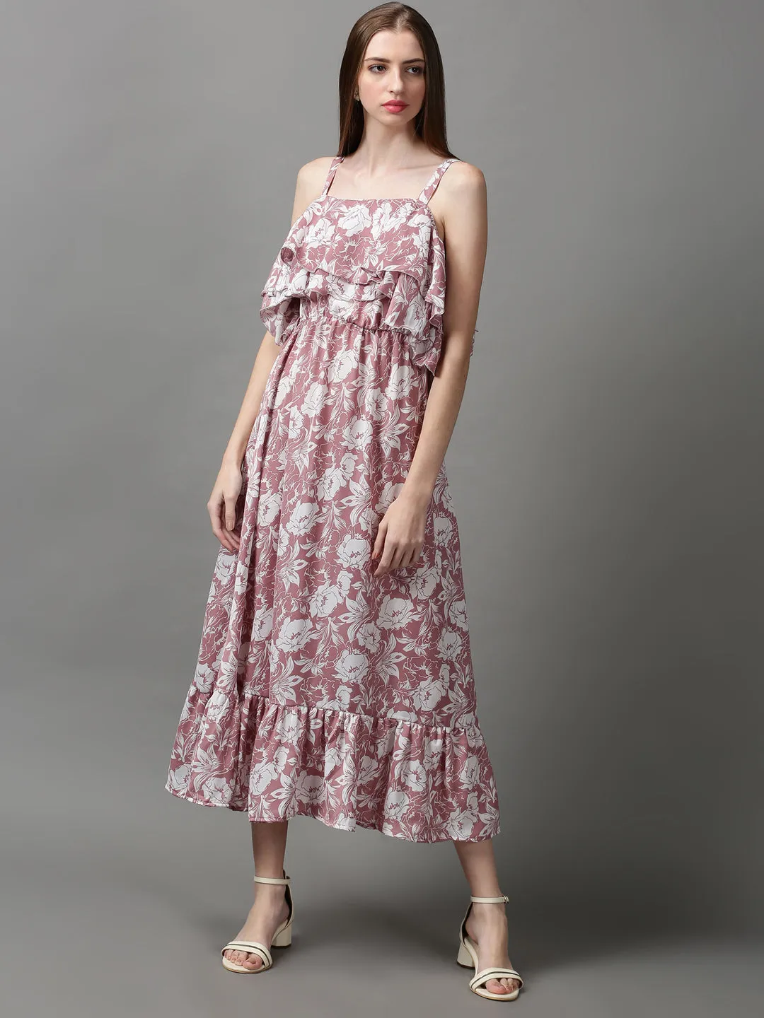 Basic Warm Women's Mauve Shoulder Straps Floral Printed Crepe Maxi Dress