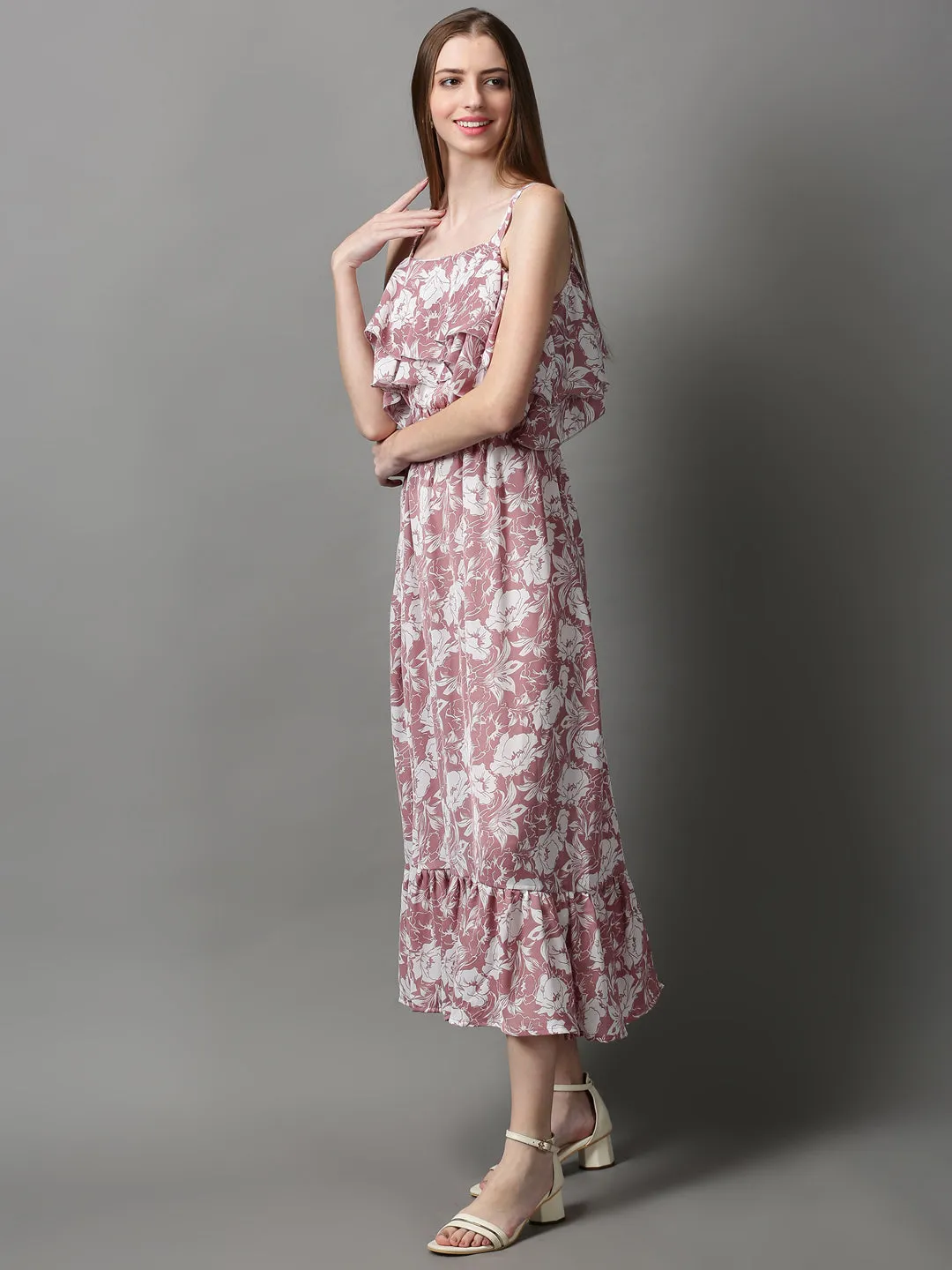 Smooth Lines Flowy Layers Women's Mauve Shoulder Straps Floral Printed Crepe Maxi Dress