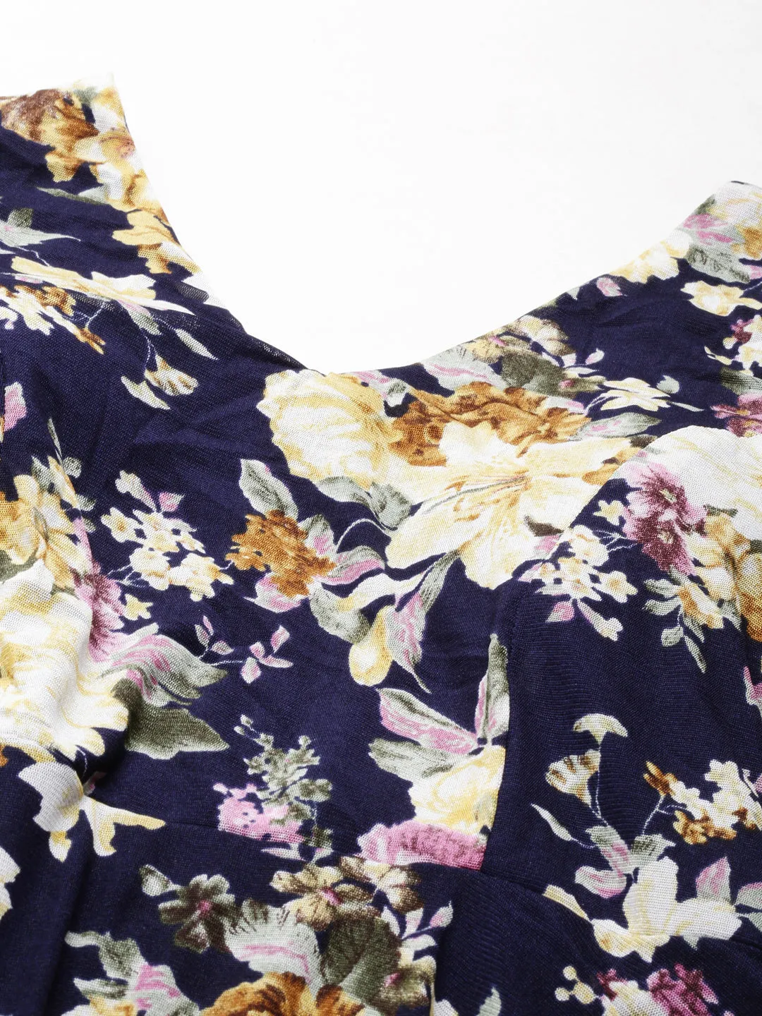 Women's Navy Blue Floral Printed Fit & Flare Dress Lightweight Fabric