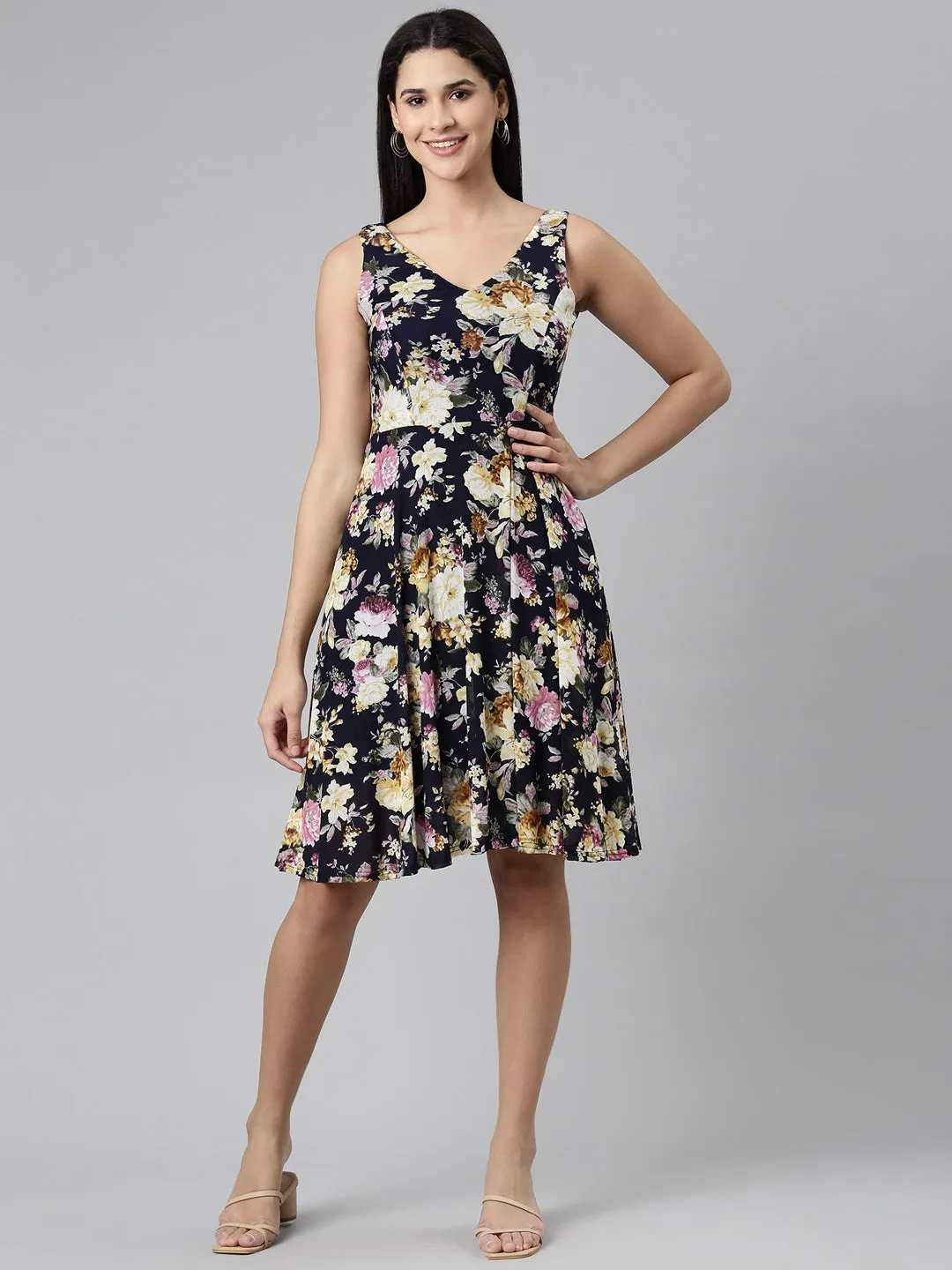 Effortless Comfort Fashion Mix Women's Navy Blue Floral Printed Fit & Flare Dress