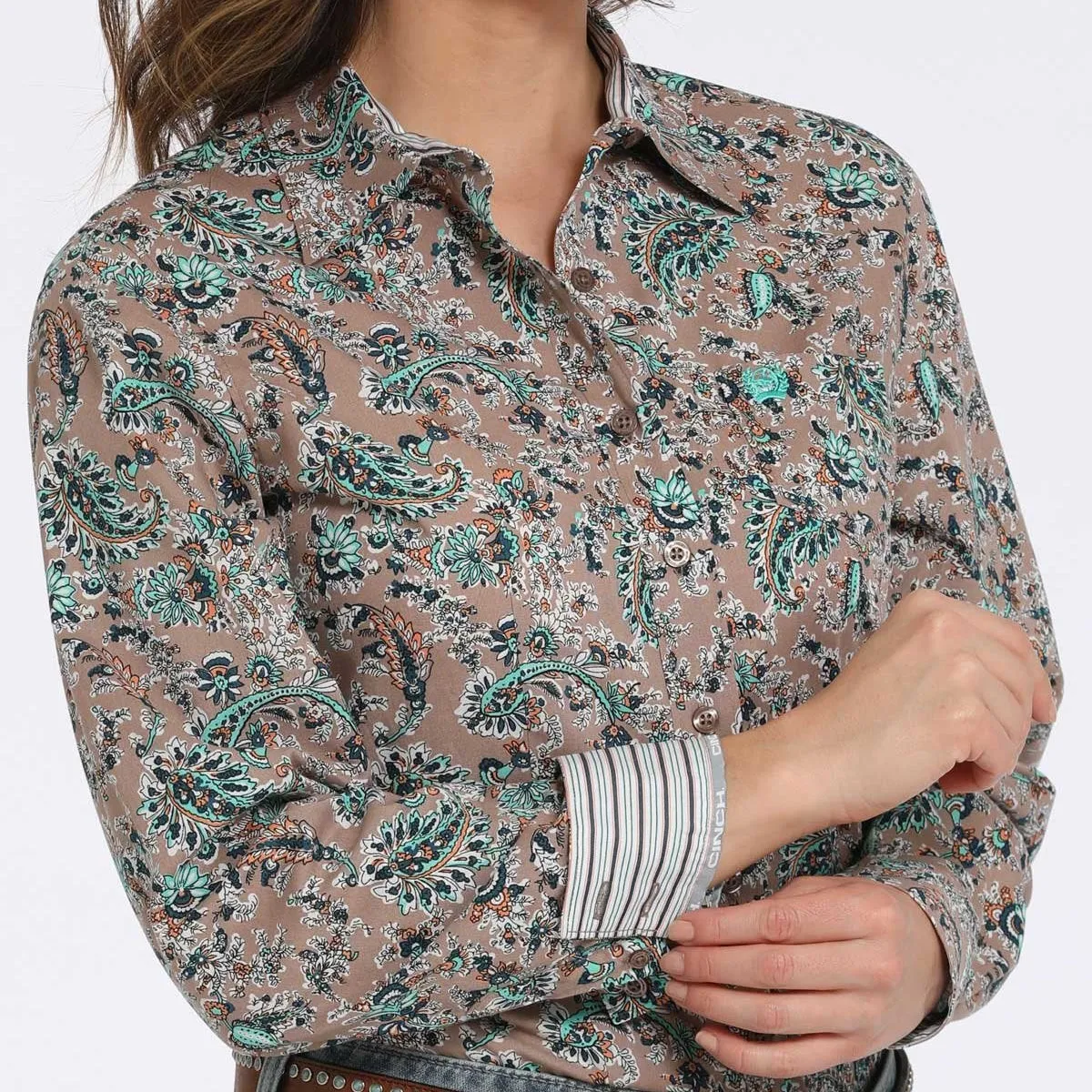 Flexible Fit Cinch Women's L/S Floral Print Western Button Down Shirt in Brown