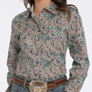 Cinch Women's L/S Floral Print Western Button Down Shirt in Brown Stretch Comfort Sporty Look Wear