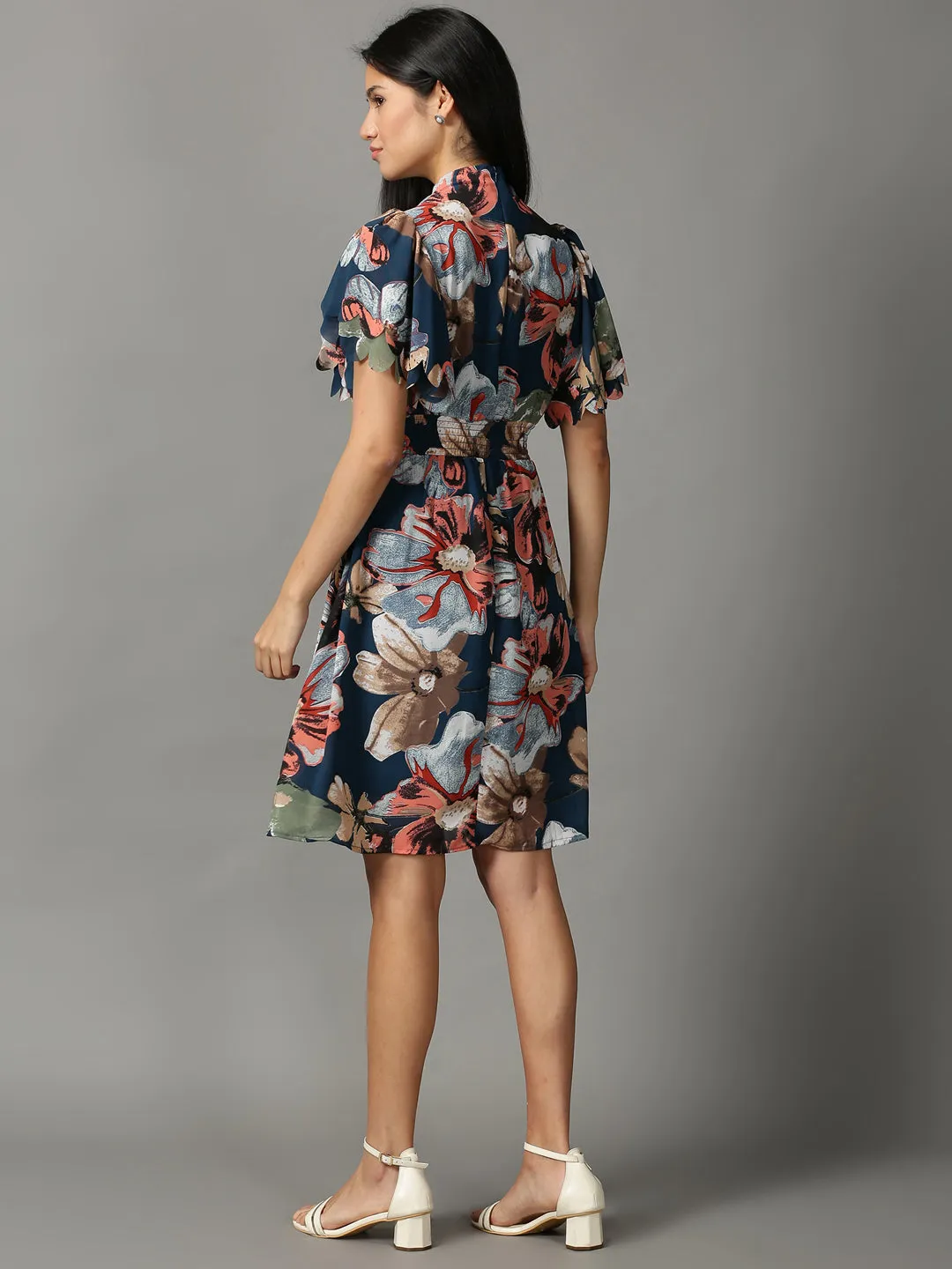 Women's Teal Floral Chiffon Ethnic A-Line Dress Free Shape Work Vibes