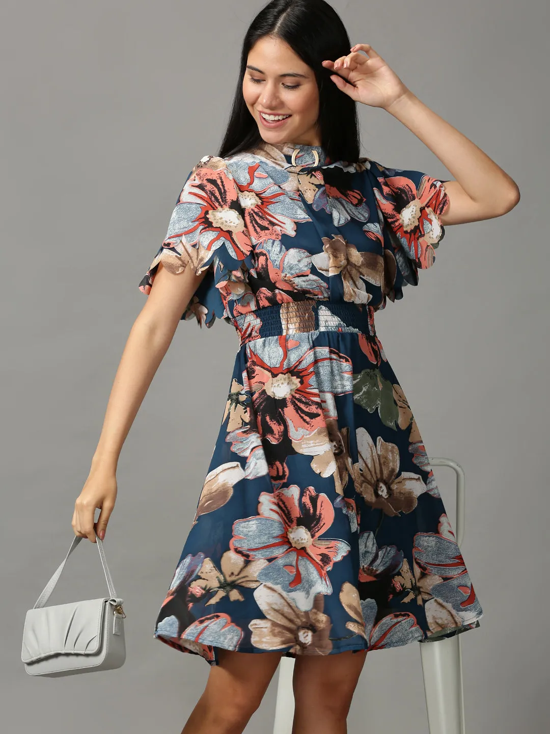 Women's Teal Floral Chiffon Ethnic A-Line Dress Linen Vibe