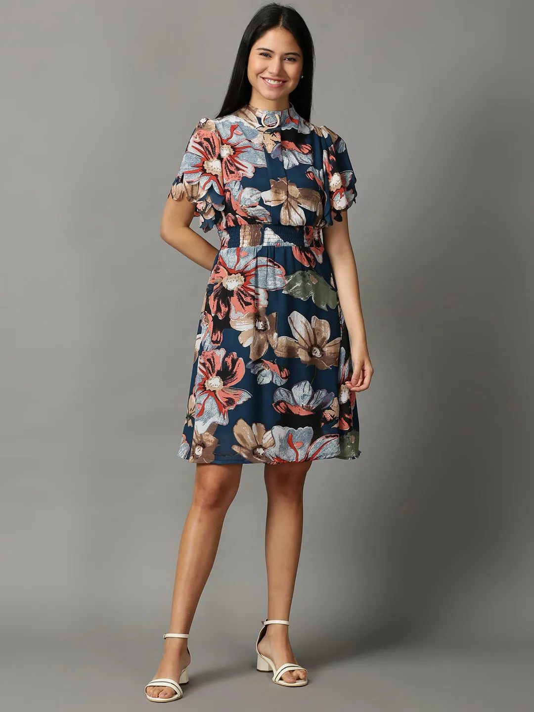 Stylish day dress Women's Teal Floral Chiffon Ethnic A-Line Dress