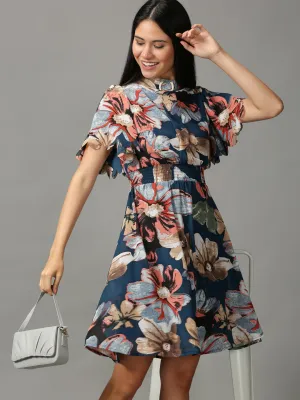 Women's Teal Floral Chiffon Ethnic A-Line Dress Linen Vibe