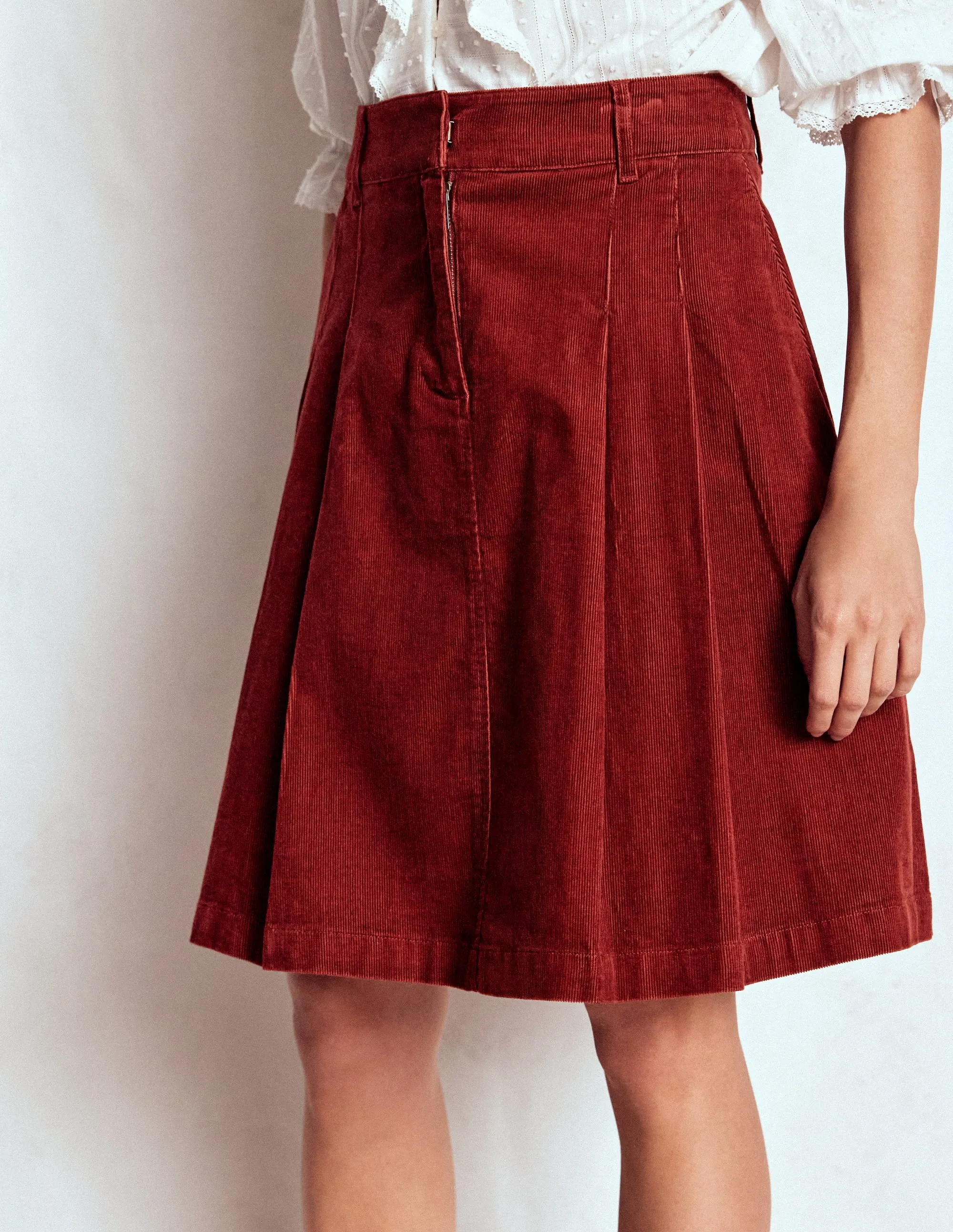 Pleated Cord Skirt-Fired Brick ribbed texture