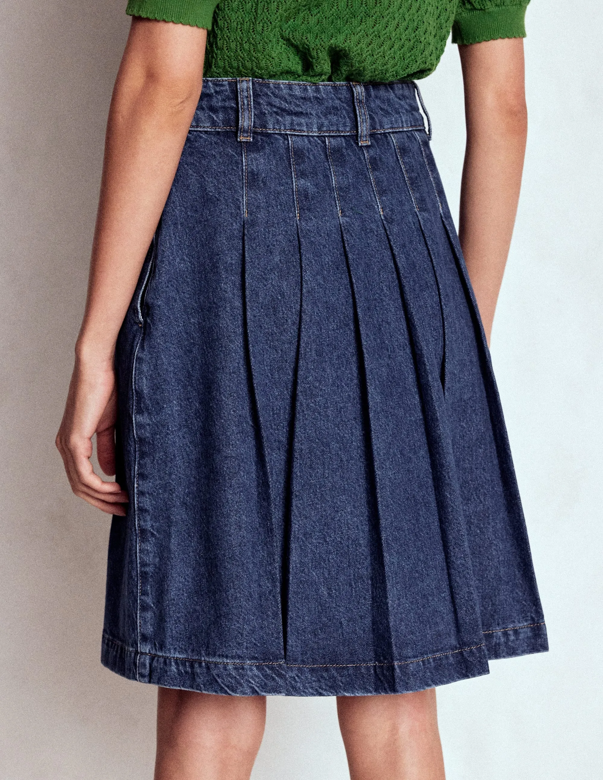 Pleated Denim Skirt-Mid Wash Easy Fit Breathable