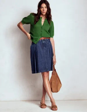 Pleated Denim Skirt-Mid Wash All Season Breathable Material