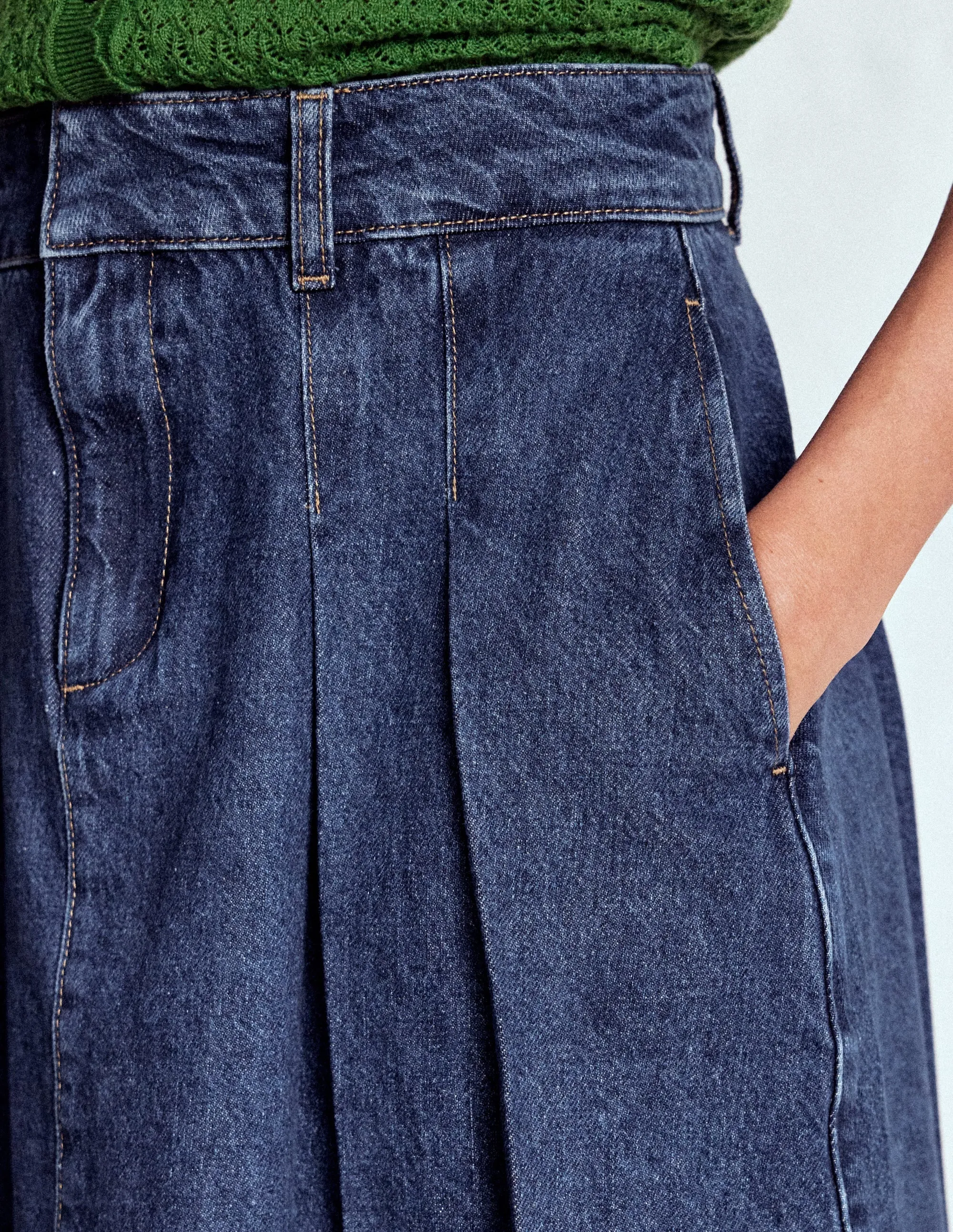 Pleated Denim Skirt-Mid Wash Minimal Touch Hypoallergenic fabric