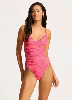 Holiday mode Rubberized grip Mesh Effect V Neck One Piece - Hot Pink
