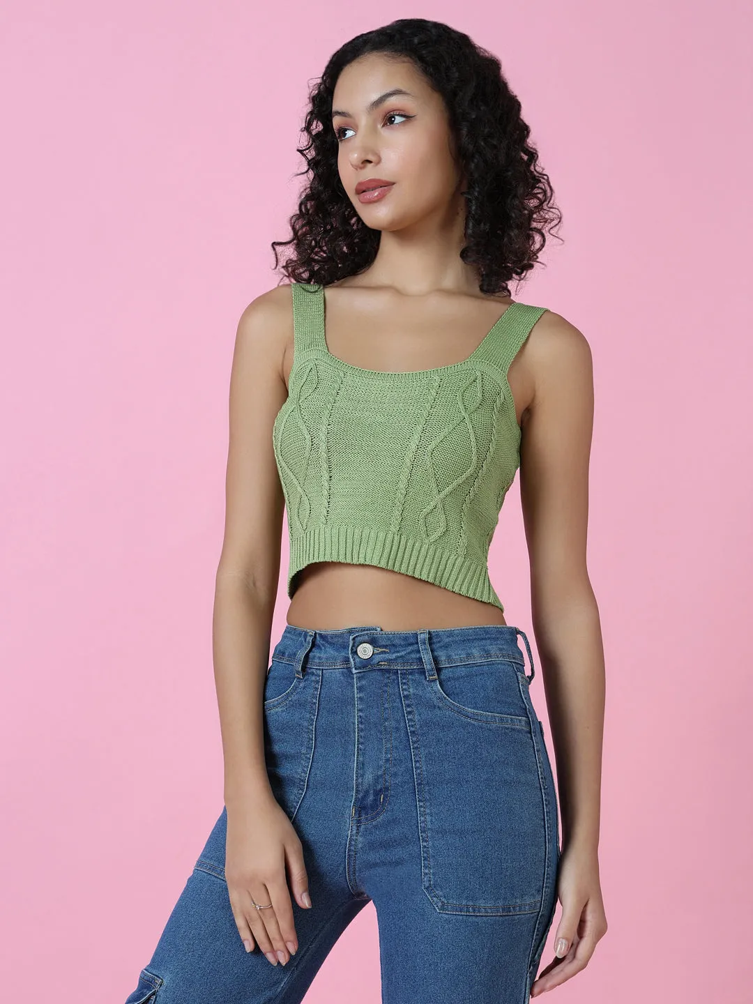 Women's Green Crochet Blouson Crop Top Comfortable Weave Light Breeze
