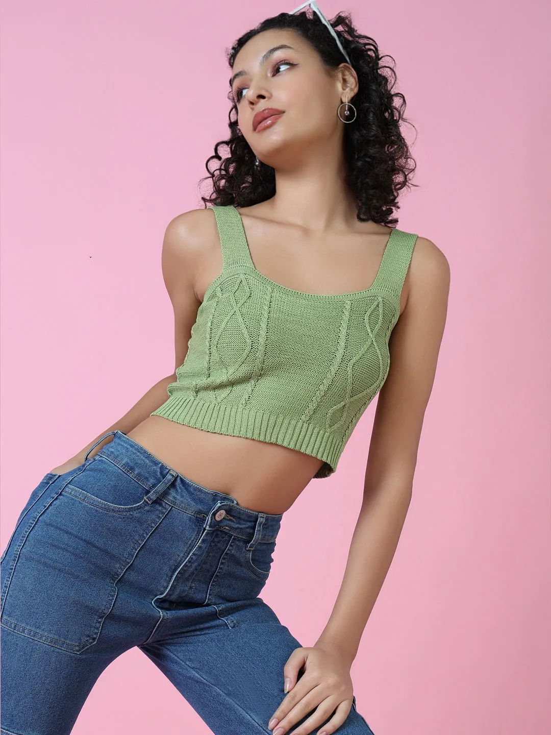 sports performance Sporty Layer Look Women's Green Crochet Blouson Crop Top