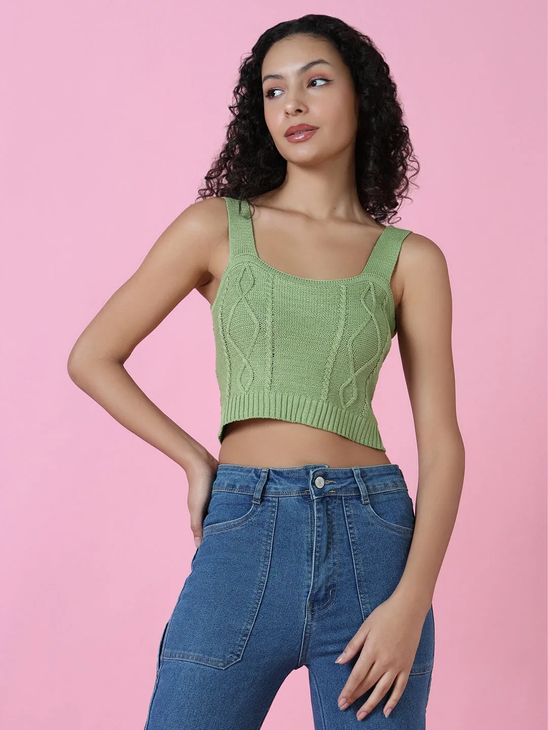 Breathable Essentials Women's Green Crochet Blouson Crop Top