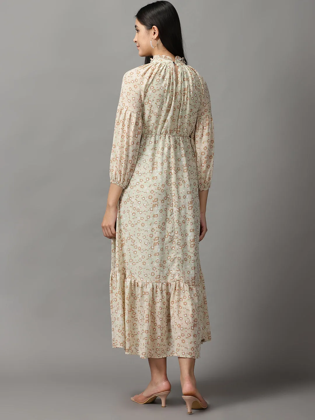 Women's Green Floral Chiffon Fit & Flare Dress Perfectly Fitted Silk-Blend