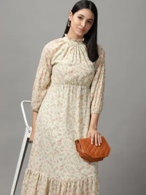 Women's Green Floral Chiffon Fit & Flare Dress High-Low-Hem Work-Ready Look