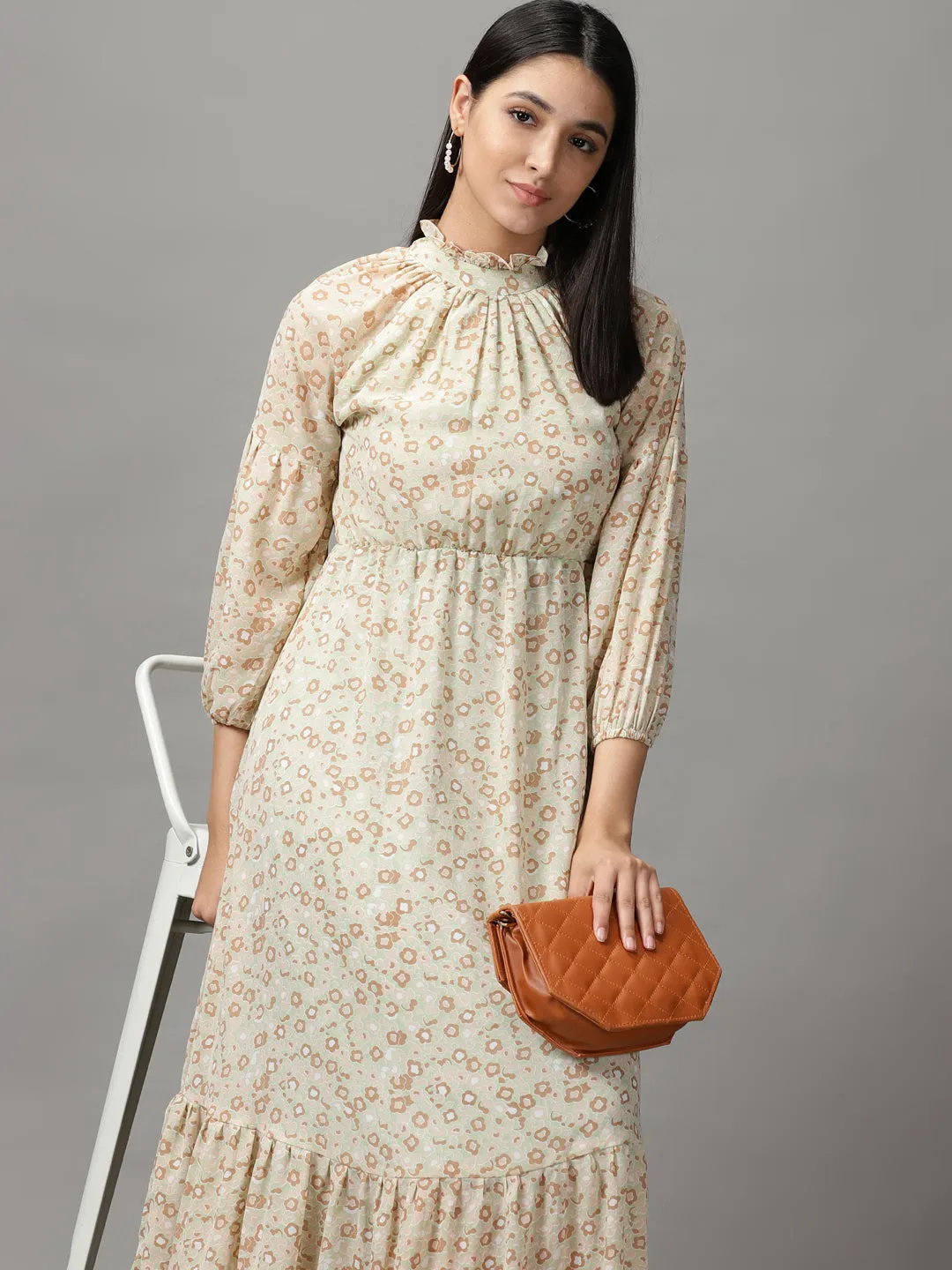 Women's Green Floral Chiffon Fit & Flare Dress High-Low-Hem Work-Ready Look