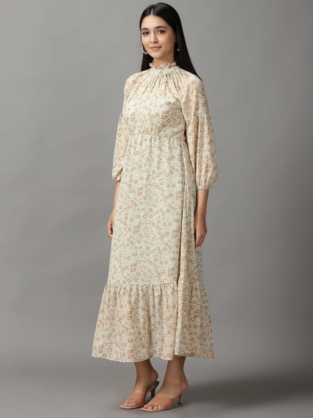 Elegant Look Day Magic Women's Green Floral Chiffon Fit & Flare Dress